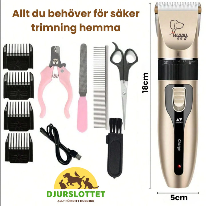 Husdjursvård kit: Tyst pälstrimmer, kloklippare & rengöringsborste för professionell katt- och hundvård.