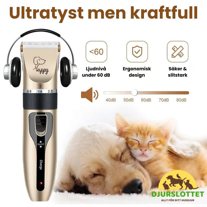 Specialiserat pälsvårds kit med tyst klippmaskin & kloklippare för lugn katt- och hundgrooming.