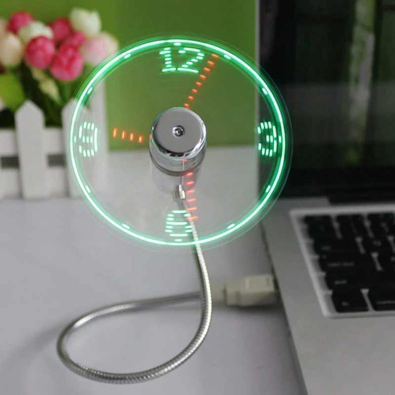 "Programmerbar LED USB-fläkt med flexibel hals, silver. Kreativ textdisplay, svanhals design, perfekt för skrivbordet."