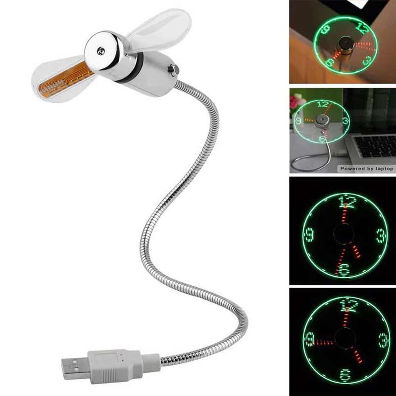 "Programmerbar LED USB-fläkt med flexibel hals, silver. Kreativ textdisplay, svanhals design, perfekt för skrivbordet."