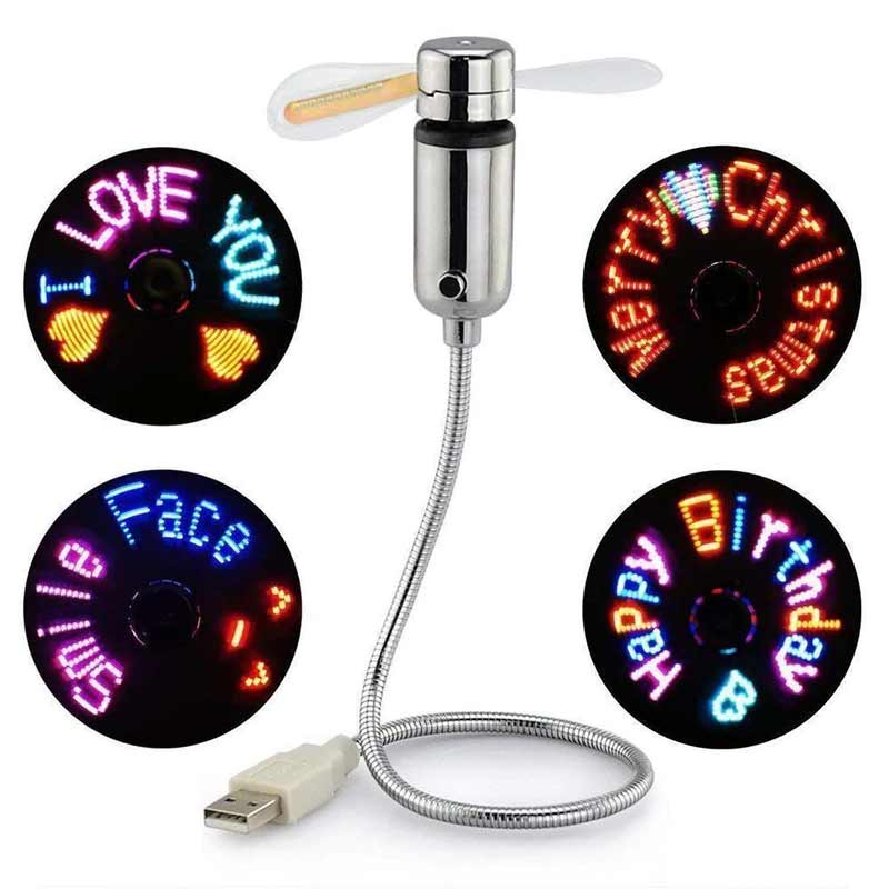 "Programmerbar LED USB-fläkt med flexibel hals, silver. Kreativ textdisplay, svanhals design, perfekt för skrivbordet."