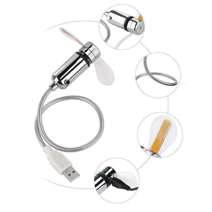 "Programmerbar LED USB-fläkt med flexibel hals, silver. Kreativ textdisplay, svanhals design, perfekt för skrivbordet."