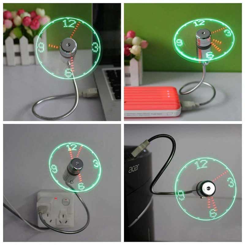 "Programmerbar LED USB-fläkt med flexibel hals, silver. Kreativ textdisplay, svanhals design, perfekt för skrivbordet."