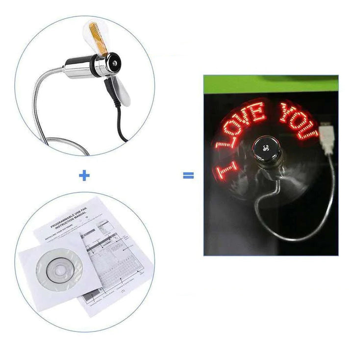 "Programmerbar LED USB-fläkt med flexibel hals, silver. Kreativ textdisplay, svanhals design, perfekt för skrivbordet."