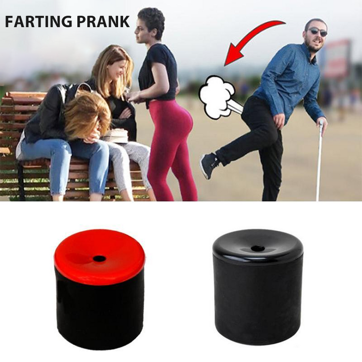 "Pruttljudsmaskin i fickvänlig design, röd-gul leksak för skämt och överraskningar vid festligheter."