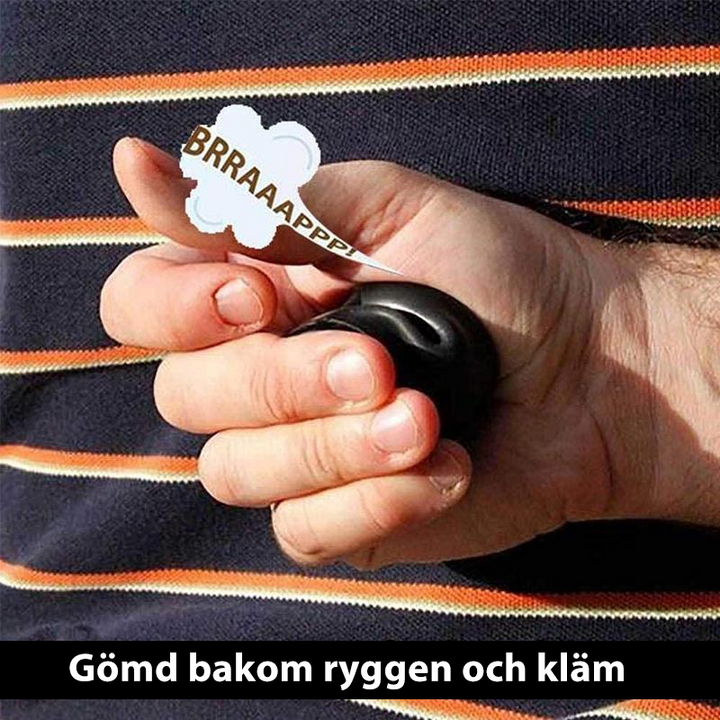 "Pruttljudsmaskin i fickvänlig design, röd-gul leksak för skämt och överraskningar vid festligheter."