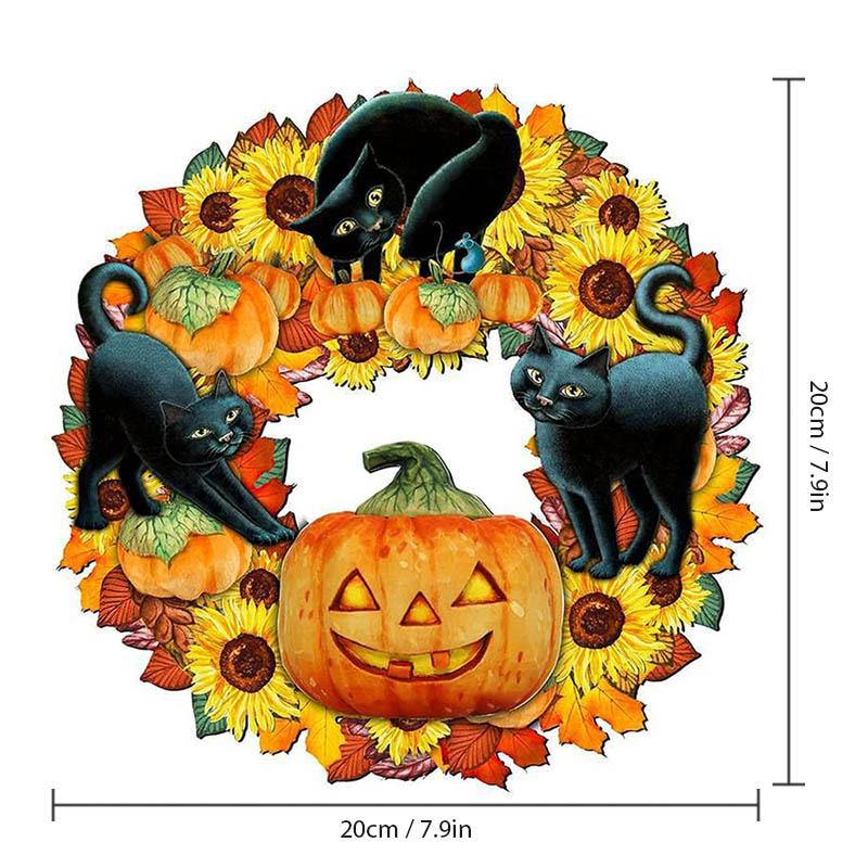 "Pumpa och kattmotiv Halloween-dekoration i plywood, perfekt för festlig stämning inomhus eller på ytterdörren."