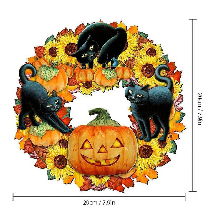 "Pumpa och kattmotiv Halloween-dekoration i plywood, perfekt för festlig stämning inomhus eller på ytterdörren."