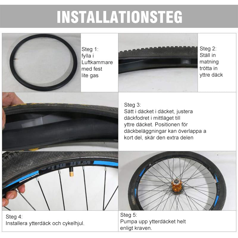"Punkteringsskydd för cykeldäck, osynligt skydd mot vassa föremål på vägen, enkel installation mellan innerrör och däck."