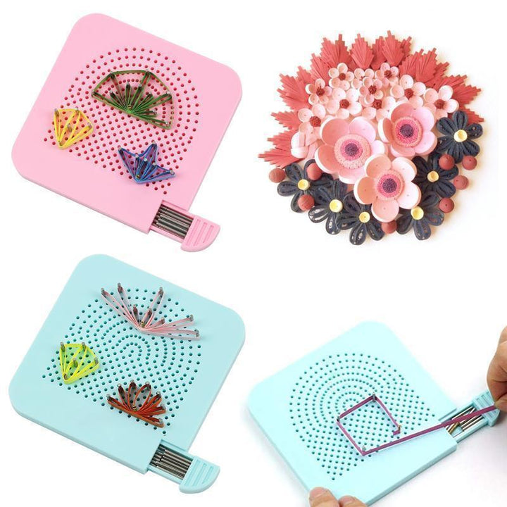 "Quilling upprullarbräda med nålar för nybörjare. Blå och rosa alternativ. Hjälper till att skapa intrikata mönster enkelt."