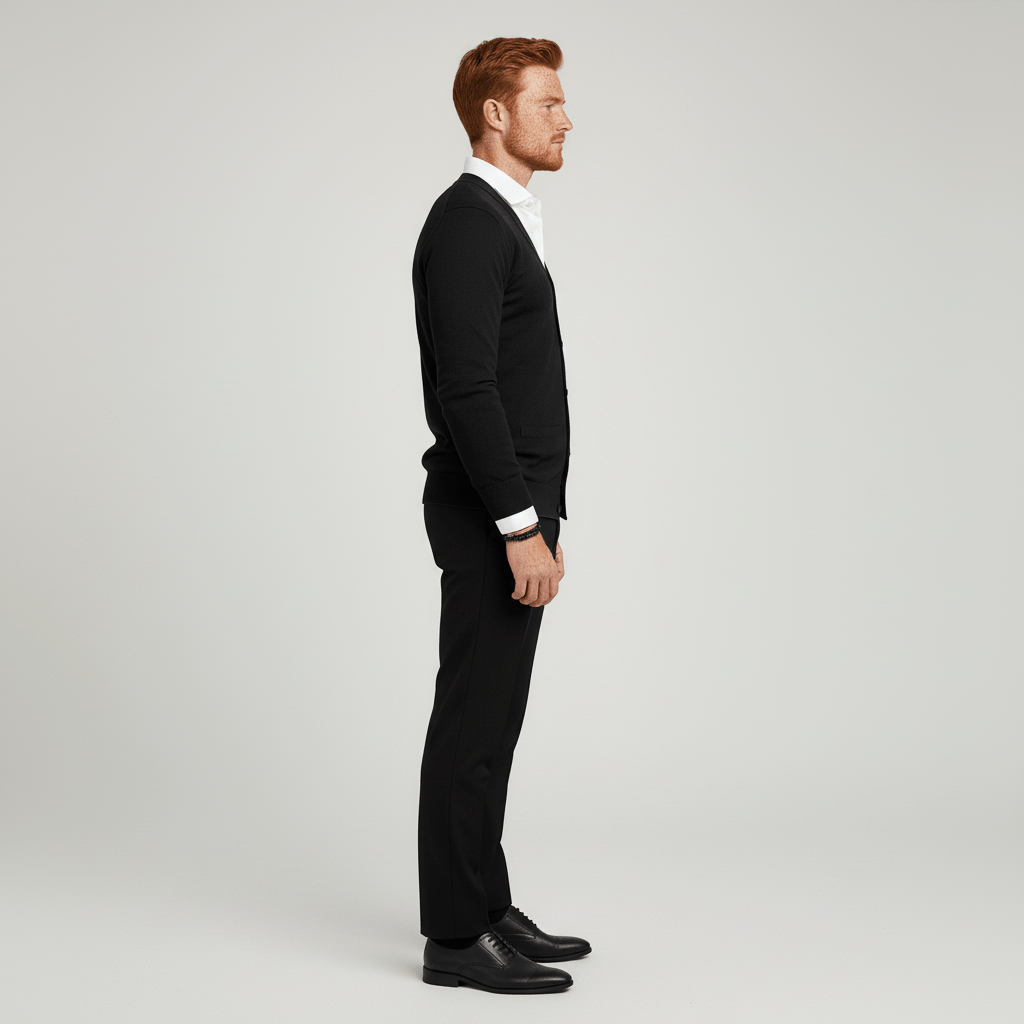 Klassisk grå stickad kofta, smal passform, V-ringad, perfekt för elegant herr.
