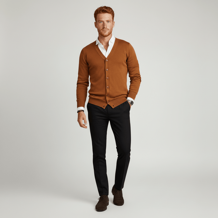 Brun smal herrkofta med lång ärm för en sofistikerad vardagslook.