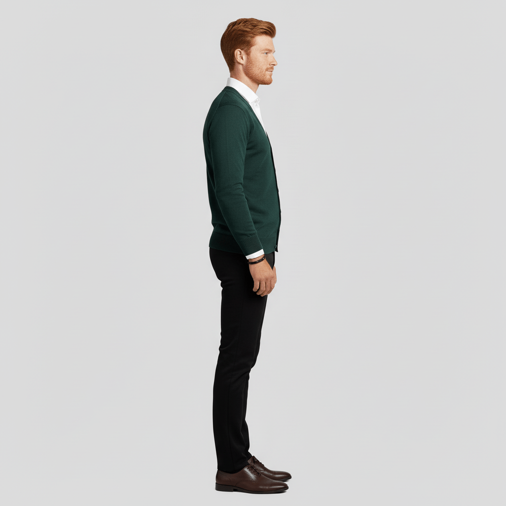 Grön smal herrkofta, lång ärm, skapar en elegant och modern stil.