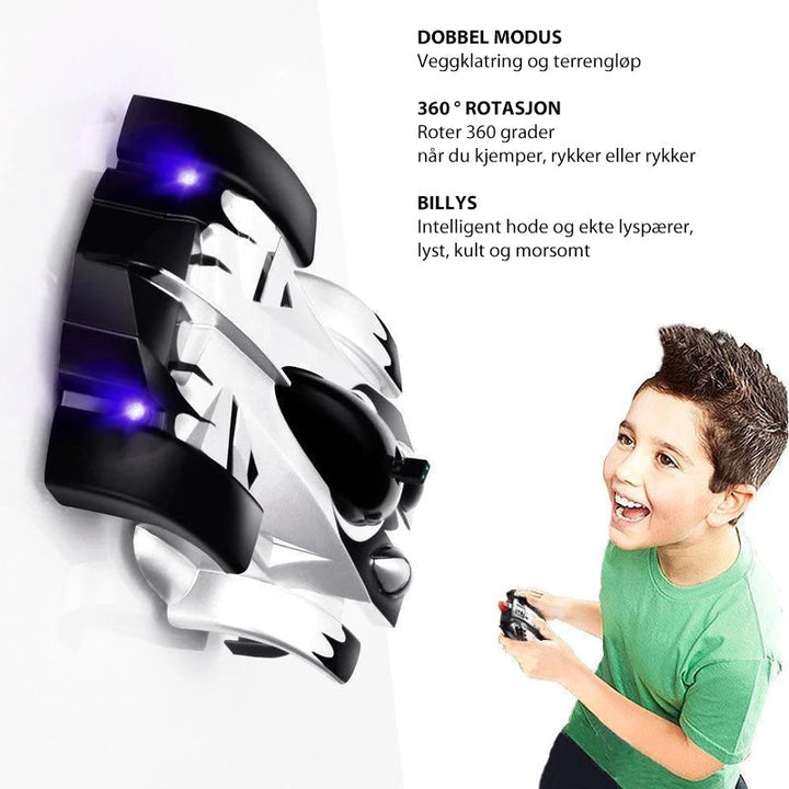 "Radiostyrd anti-gravity bil med LED-ljus, kör på vägg och tak, blå färg, futuristisk design för barnäventyr"