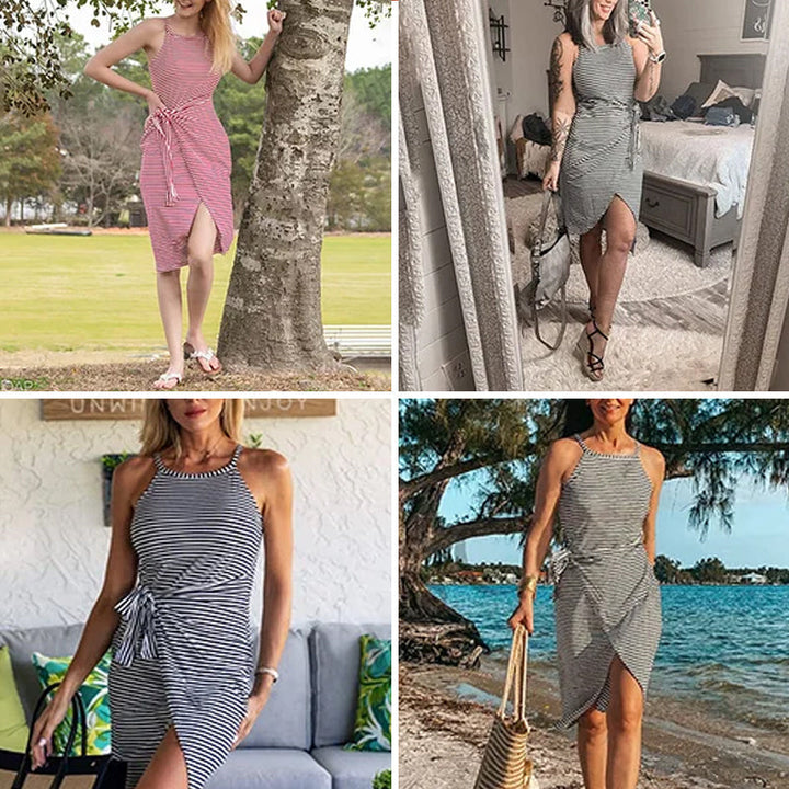 Randig, elegant sommarklänning för kvinnor med utsvängd design i livfulla färger, framifrån.