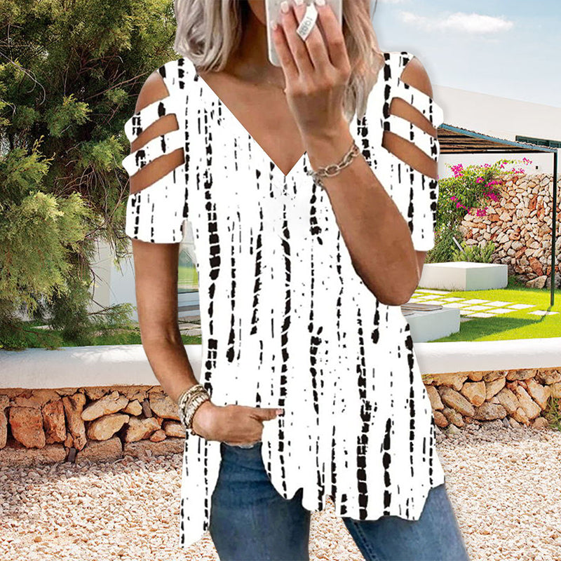 "Randig t-shirt för dam med V-ringad och kall axel, eleganta ränder, casual stil, polyester, avslappnad passform"