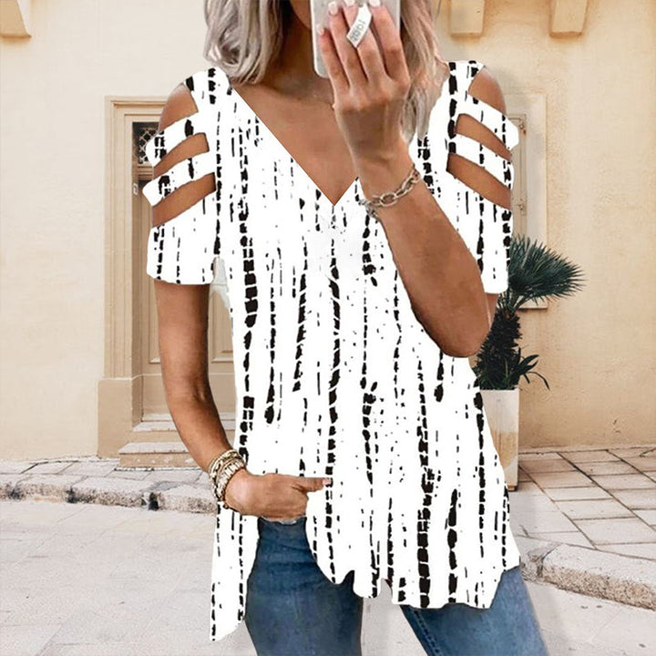 "Randig t-shirt för dam med V-ringad och kall axel, eleganta ränder, casual stil, polyester, avslappnad passform"
