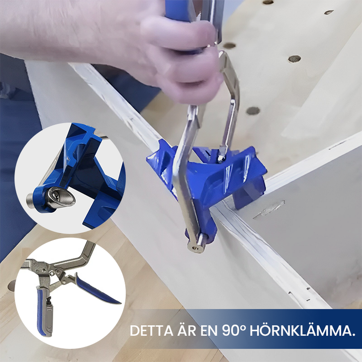 "Rätvinkelklämma i blått legerat stål för 90 graders snickeri. Perfekt för precis träbearbetning och hållbar konstruktion."