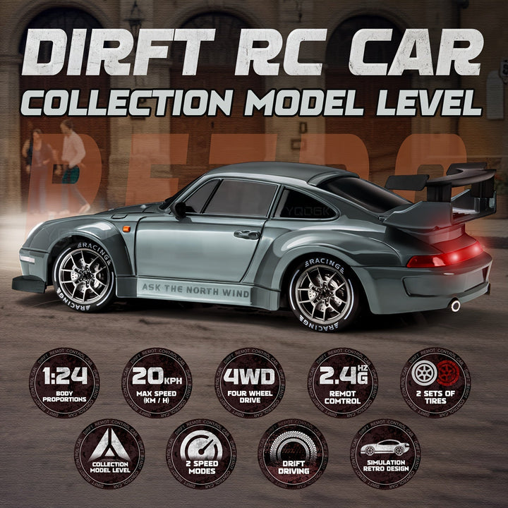 Närbild på Ultimate Drift Racer 1:24:s ljusande hjul som skapar dynamiska effekter vid drift.