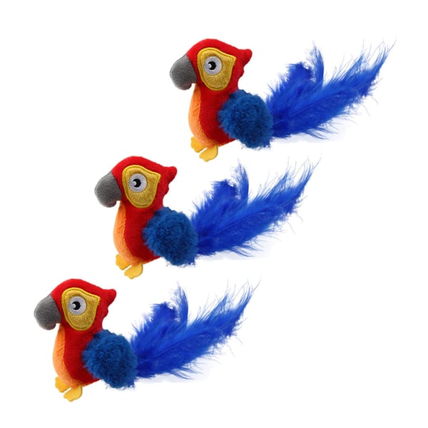 "Realistisk fågelleksak för katter med äkta fjädrar och ljudstimuli, perfekt för att hålla katten aktiv och nyfiken."
