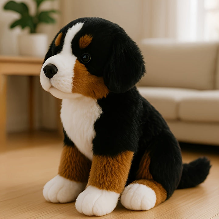 Realistiskt Berner Sennen kramdjur med autentiskt utseende. Mjukisdjur hund för lek och mys.