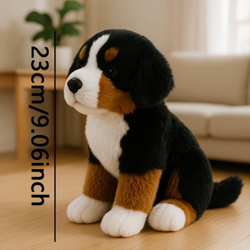 Stor och gosig Berner Sennen plyschhund. Realistiskt gosedjur, perfekt som inredningsdetalj eller present.
