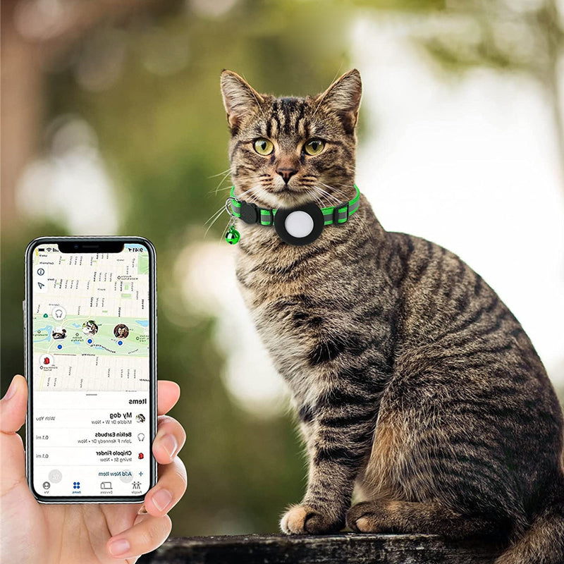 "Reflekterande AirTag-krage för katt: hållbar polyester, PU-läder, säkerhetsdesign för nattlig synlighet."