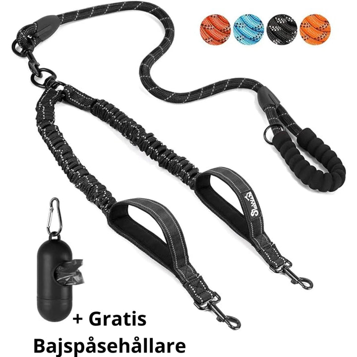 Reflekterande dubbelkoppel för två hundar. Ger trasselfri promenad och ökad säkerhet i mörker.