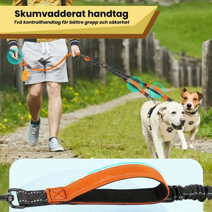 Hundkoppel med praktisk integrerad bajspåsehållare för smidiga promenader med flera hundar.
