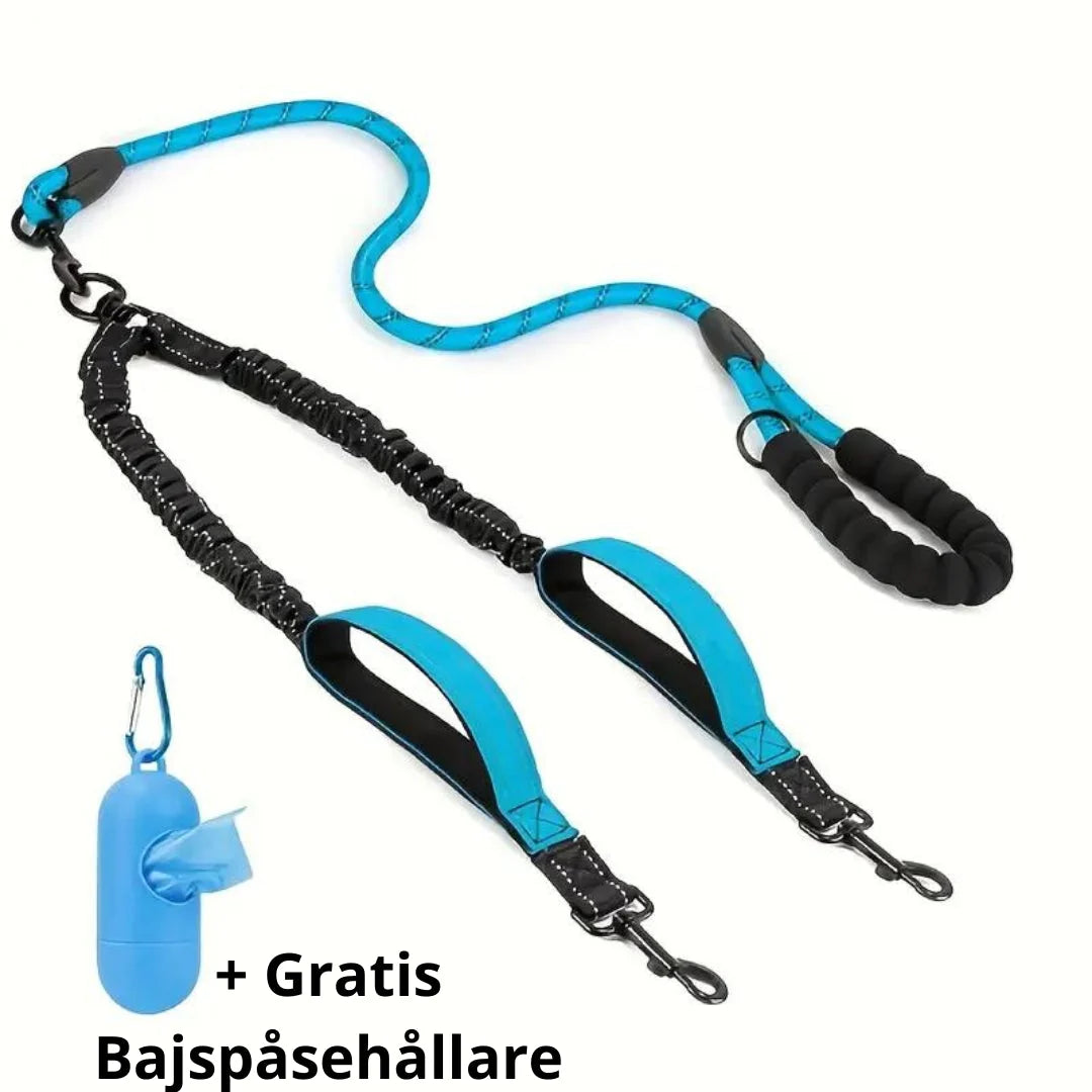 Ergonomiskt reflekterande dubbelkoppel som förebygger trassel och ger komfort för dig och dina hundar.