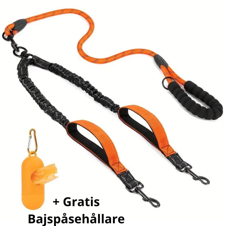 Elastiskt dubbelkoppel i reflekterande nylon för skonsamma rörelser och extra säkerhet på promenaden.