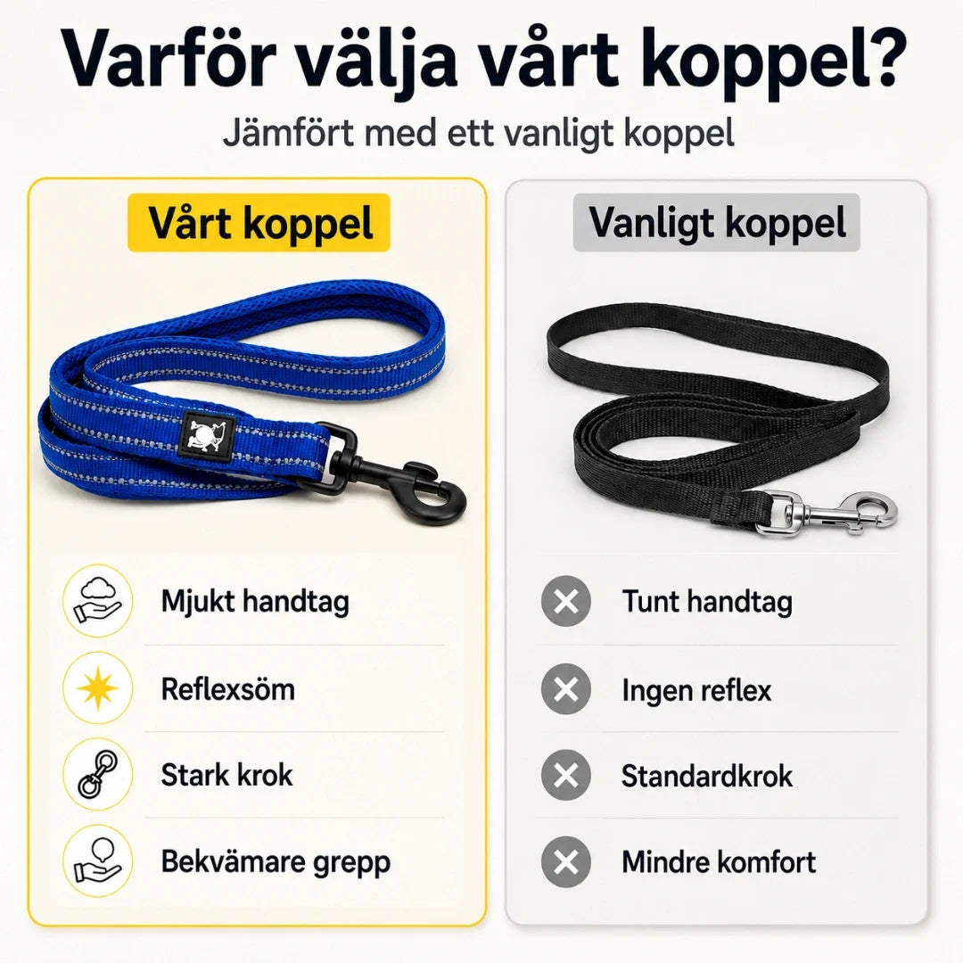 Vadderat hundkoppel med reflexfunktion för bekväma och trygga promenader.
