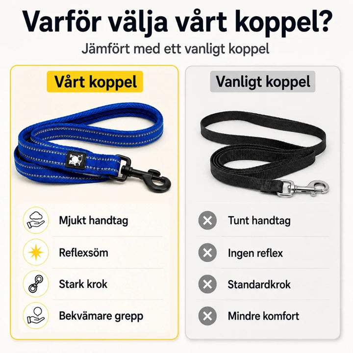 Vadderat hundkoppel med reflexfunktion för bekväma och trygga promenader.