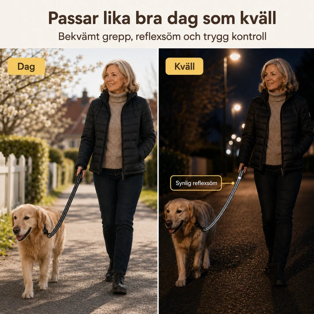 Säkert hundkoppel med effektiva reflexer för bättre mörkersynlighet.