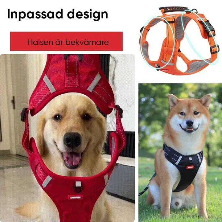 "Reflekterande justerbar hundsele i slitstarkt nylon, maximerar synlighet och komfort för säker promenad dag som natt."