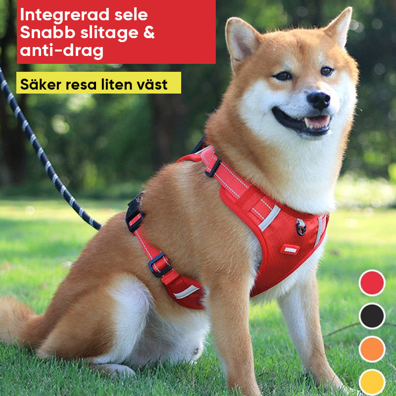 "Reflekterande justerbar hundsele i slitstarkt nylon, maximerar synlighet och komfort för säker promenad dag som natt."