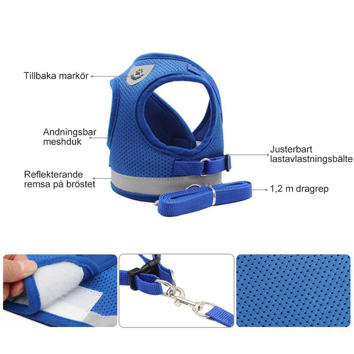 "Reflekterande justerbar husdjurssele i grått för katter och små hundar, säker och bekväm med reflekterande detaljer."