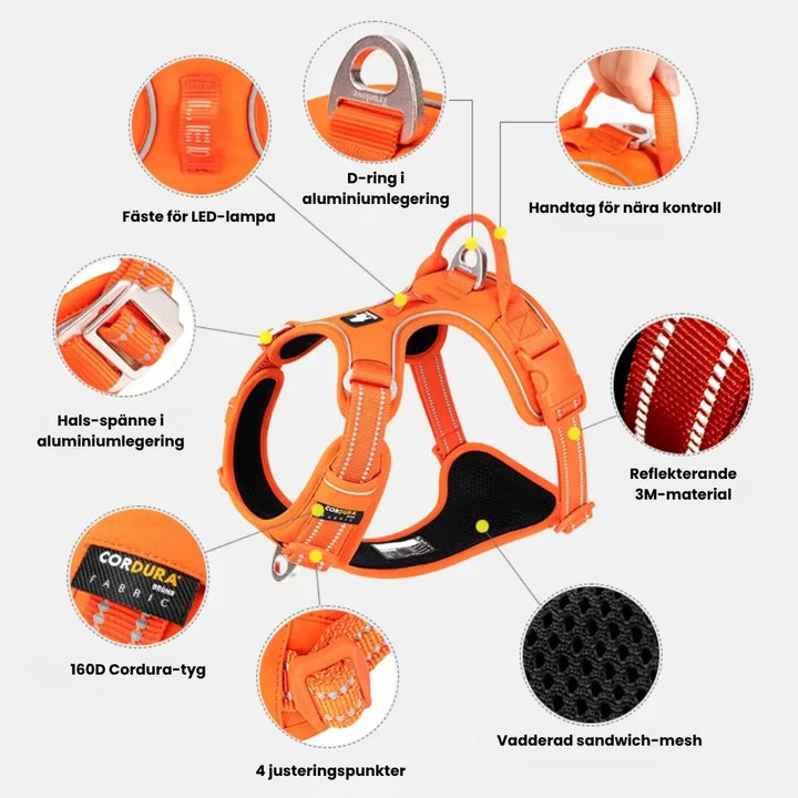 Hållbar justerbar hundsele i nylon från Reflexfit, med reflex för säkra promenader för husdjur.