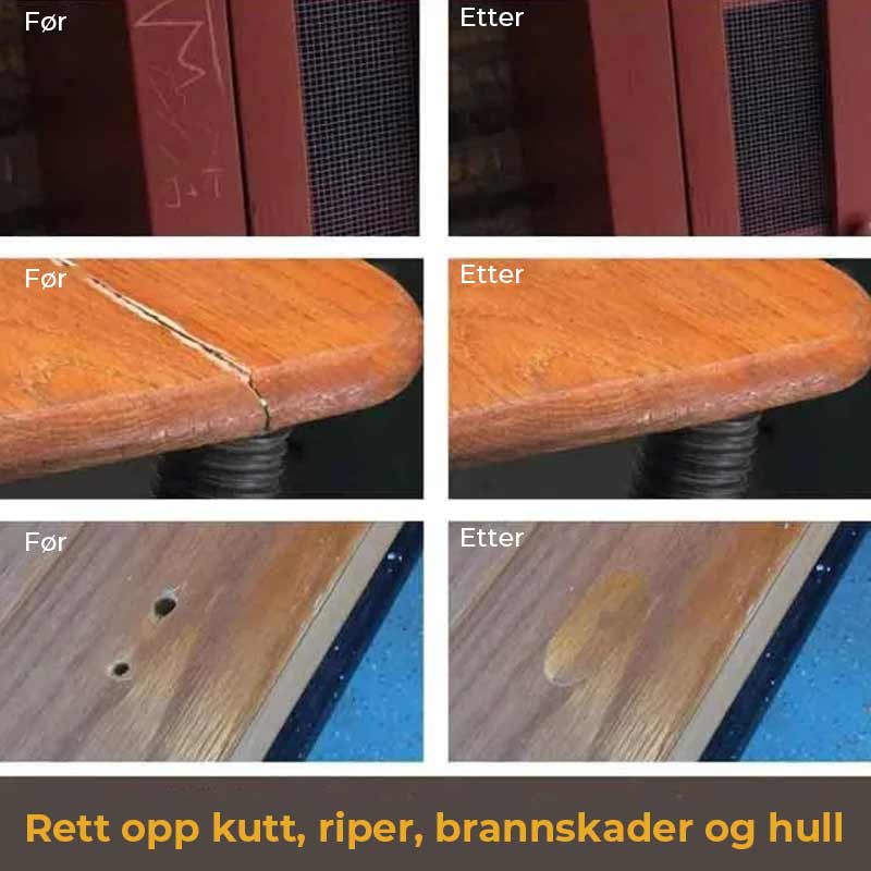 Reparationssats med 11 färgade vaxblock för trägolvsmöbler. Inkluderar även elektrisk värmepenna och rengöringsverktyg.