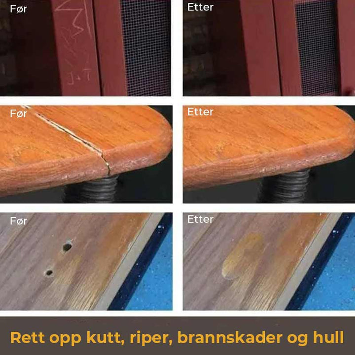 Reparationssats med 11 färgade vaxblock för trägolvsmöbler. Inkluderar även elektrisk värmepenna och rengöringsverktyg.