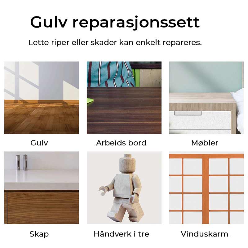 Reparationssats med 11 färgade vaxblock för trägolvsmöbler. Inkluderar även elektrisk värmepenna och rengöringsverktyg.