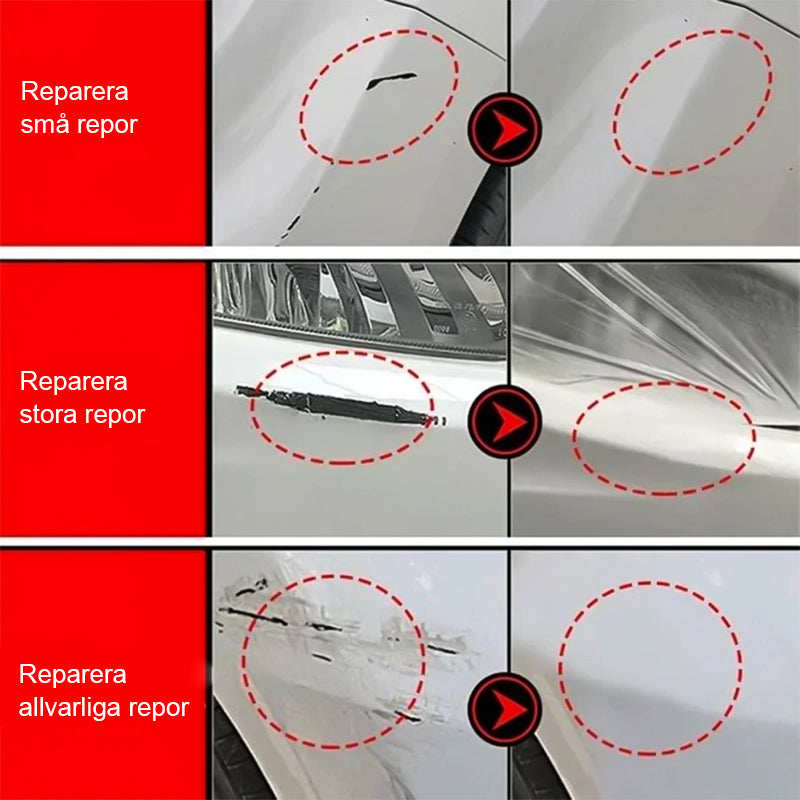 "Reparationsspray med 9H keramisk beläggning, eliminerar repor och märken, flaska 30ml och 100ml, ultrahydrofob glans."