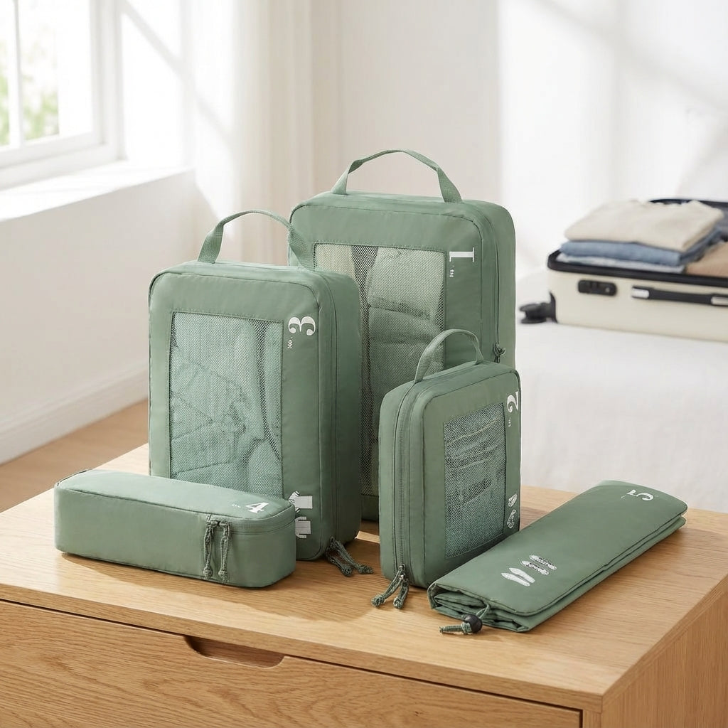 Reseorganiserare set med kompressionskuber för effektiv packning i resväska. Håller kläder organiserade.