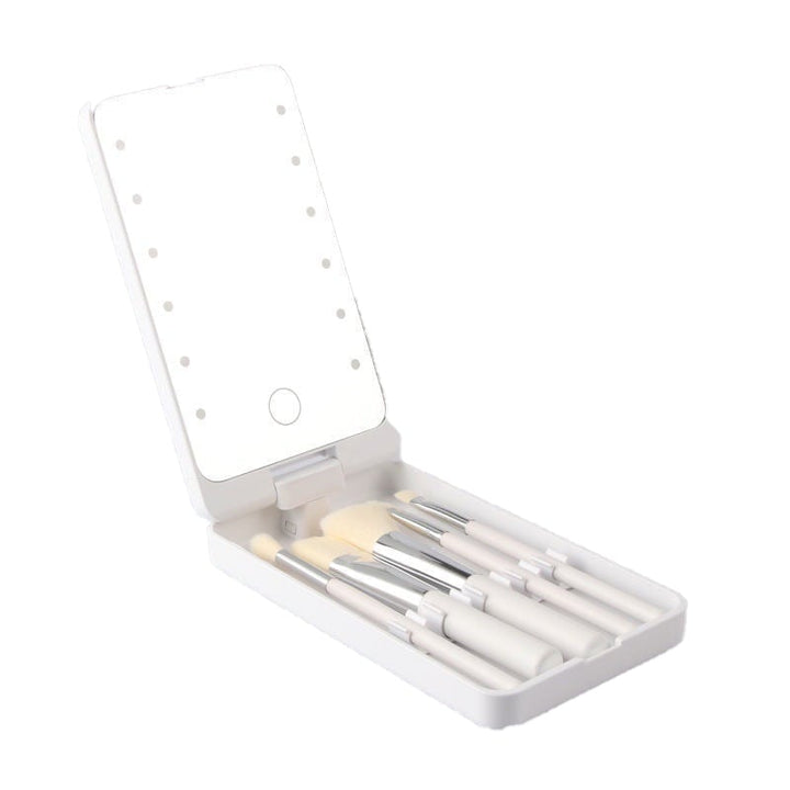 "Resesminkborstar med LED-spegel, kompakt svart väska, syntetiska borst, enkel applikation för perfekt look."
