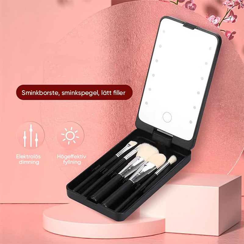 "Resesminkborstar med LED-spegel, kompakt svart väska, syntetiska borst, enkel applikation för perfekt look."
