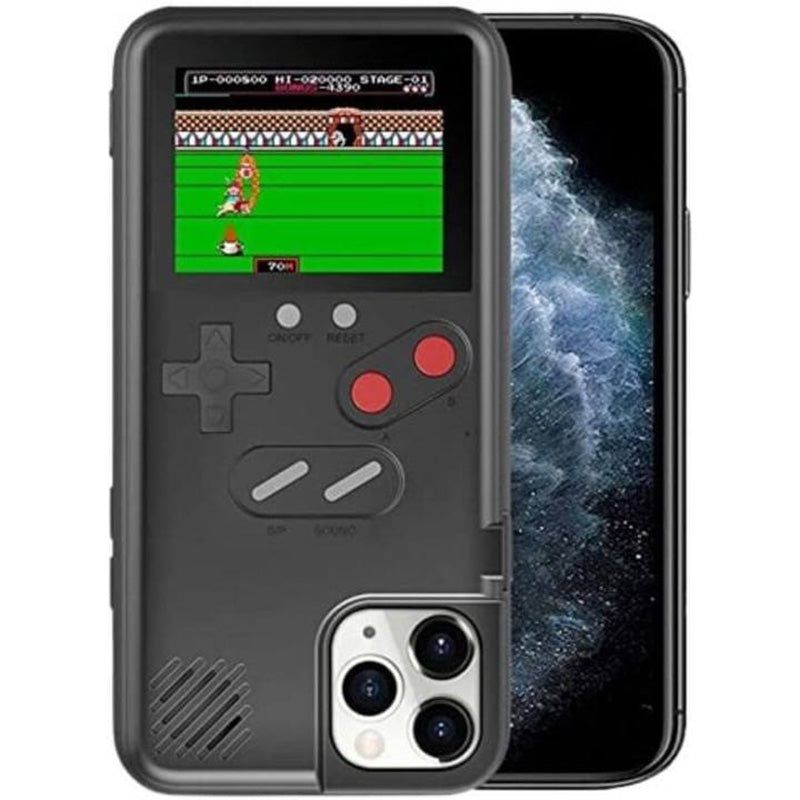 "Retro Gaming iPhone-fodral med Game Boy-design, inkluderar 36 nostalgiska spel, idealiskt för spelentusiaster."