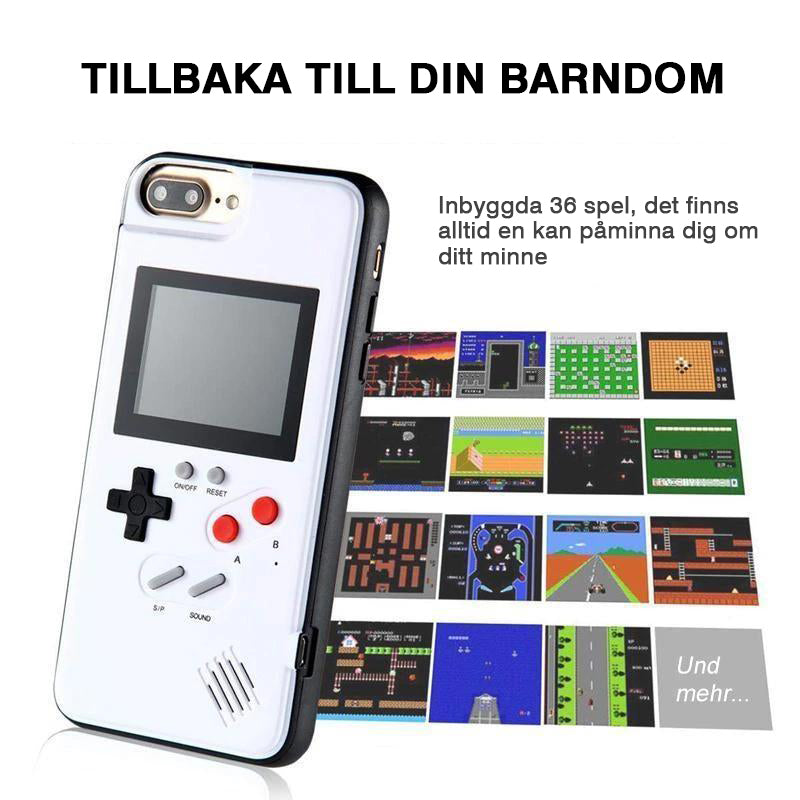 "Retro Gaming iPhone-fodral med Game Boy-design, inkluderar 36 nostalgiska spel, idealiskt för spelentusiaster."