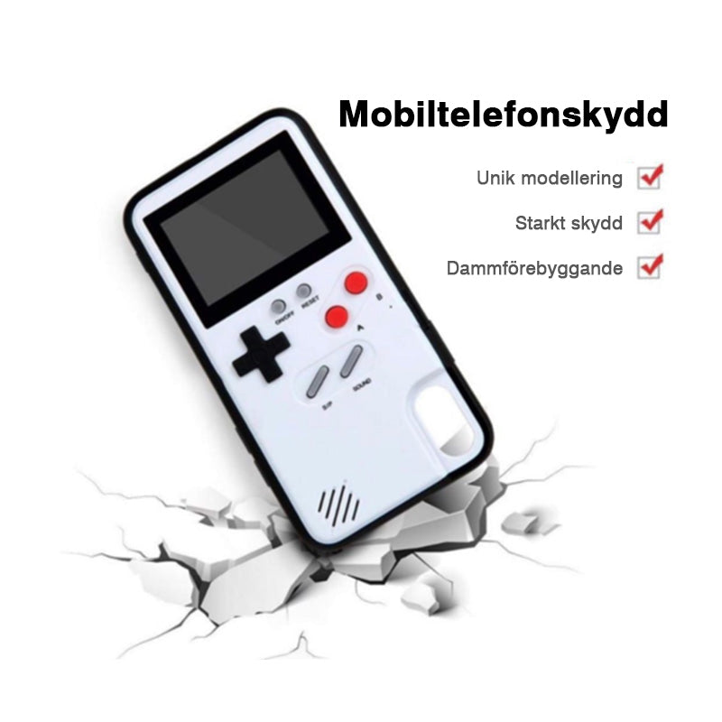 "Retro Gaming iPhone-fodral med Game Boy-design, inkluderar 36 nostalgiska spel, idealiskt för spelentusiaster."