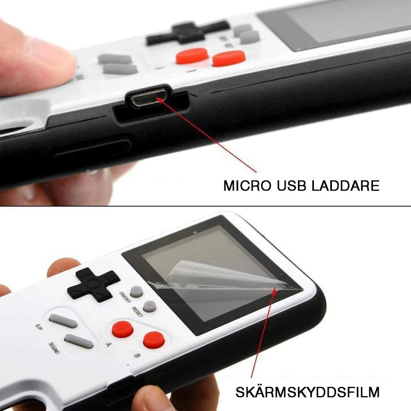 "Retro Gaming iPhone-fodral med Game Boy-design, inkluderar 36 nostalgiska spel, idealiskt för spelentusiaster."