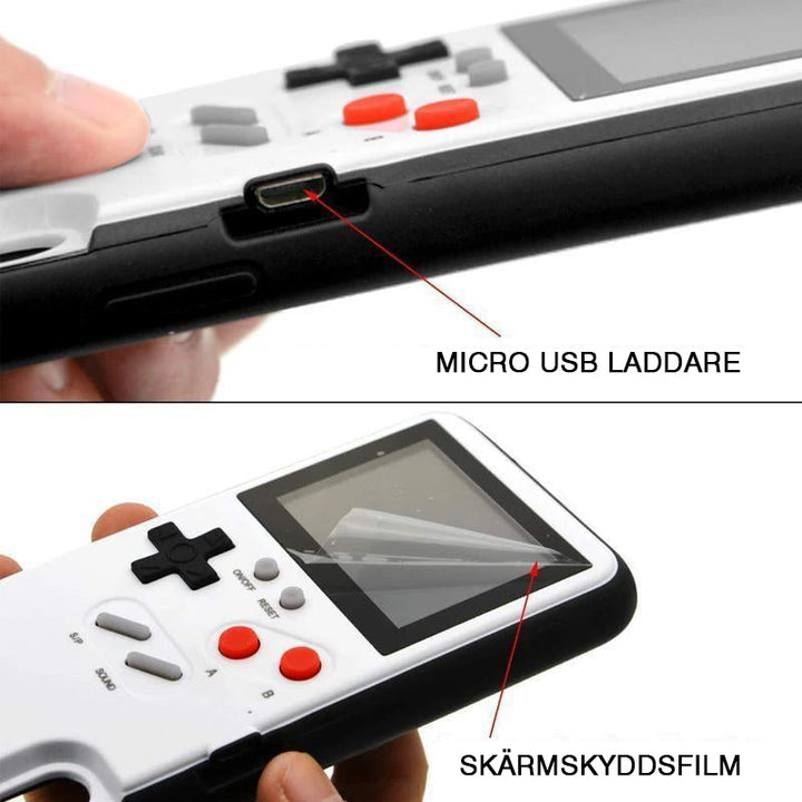 "Retro Gaming iPhone-fodral med Game Boy-design, inkluderar 36 nostalgiska spel, idealiskt för spelentusiaster."
